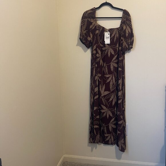 Mango Brown Puff Sleeve Midi Dress with Gold Leaf Print – Size XXL - Picture 2 of 11